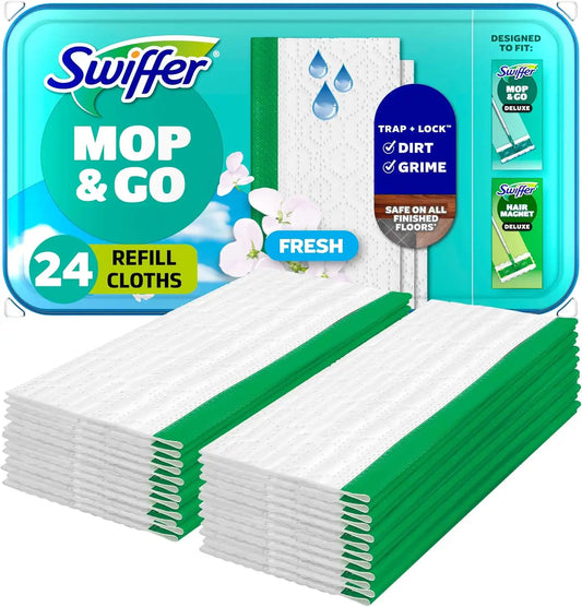 Swiffer Sweep + Mop, Wet Pads Refill, Floor Cleaner for Dirt, Dust, Hair, Cleaning Cloths for Mopping Home, Bathroom, Kitchen, All Purpose Multi-Surface Floor Wipes, Fresh, 24ct