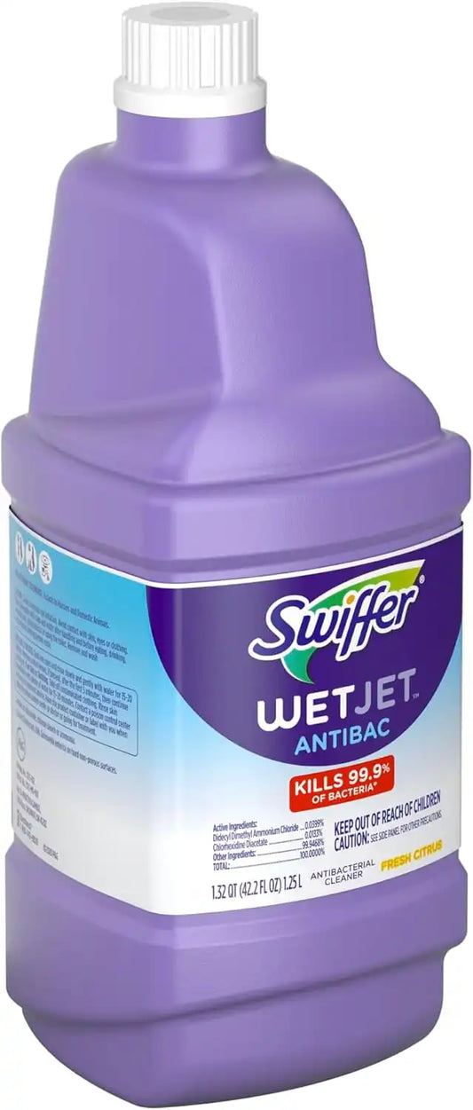 Swiffer WetJet Antibacterial Solution Refill for Floor Mopping and Cleaning, All Purpose Multi Surface Floor Cleaning Solution, Fresh Citrus Scent, 1.25 Liters