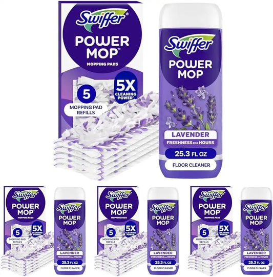 Swiffer Power Mop Refill Pack, Floor Cleaner for Mopping Tile, Vinyl, Laminate, Wood in Home, Bathroom, Kitchen, All Purpose Multi-Surface Cleaning, 5 Pads + 1 Lavender Solution (Pack of 4)