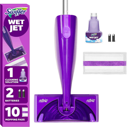 Swiffer WetJet Hardwood and Floor Spray Mop Cleaner Starter Kit, Includes: 1 Power Mop, 10 Pads, Cleaning Solution, Batteries