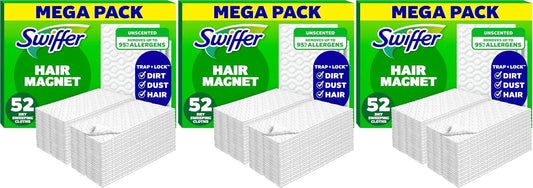 Swiffer Sweep + Mop,Dry Pads Refill,Floor Cleaner for Dirt,Dust,Hair,Cleaning Cloths for Mopping Home,Bathroom,Kitchen,Dust Mop,Floor Duster,Unscented,52ct,(Pack of 3)