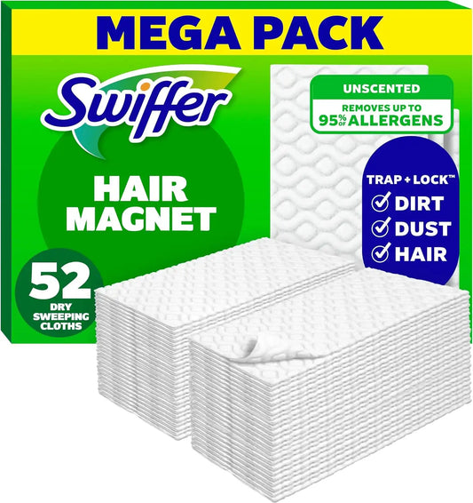 Swiffer Sweep + Mop, Dry Pads Refill, Floor Cleaner for Dirt, Dust, Hair, Cleaning Cloths for Mopping Home, Bathroom, Kitchen, Dust Mop, Floor Duster, Unscented, 52ct