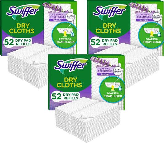 Swiffer Sweep + Mop, Dry Pads Refill, Floor Cleaner for Dirt, Dust, Hair, Cleaning Cloths for Mopping Home, Bathroom, Kitchen, Dust Mop, Floor Duster, Lavender, 52ct (Pack of 3)